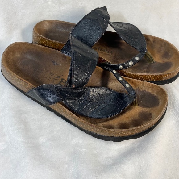 Betula Birkenstock Thong Sandals Black Leather Pearls Size 38‎ W7-flaw - Picture 1 of 11